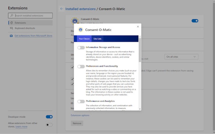 Cómo utilizar Consent-O-Matic para rechazar cookies