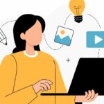 illustrazione che raffigura una ragazza che segue un corso online al pc portatile