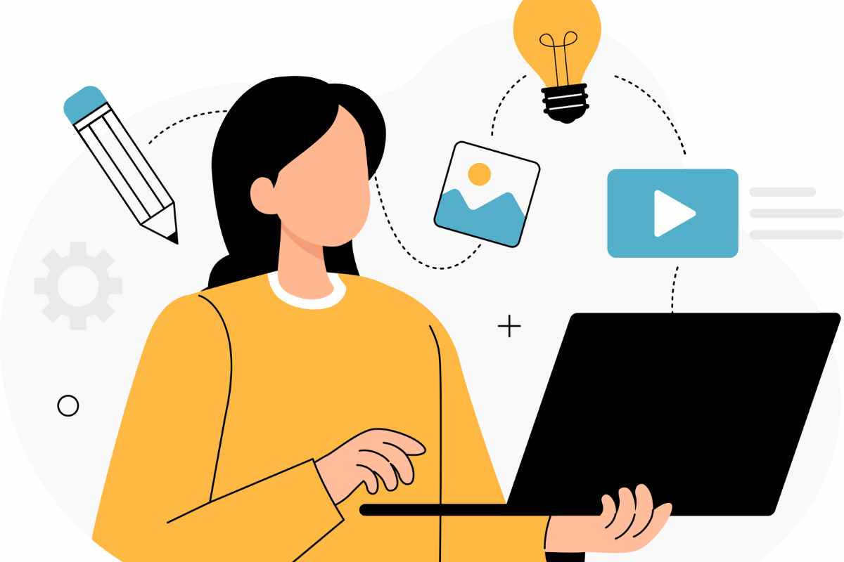 illustrazione che raffigura una ragazza che segue un corso online al pc portatile