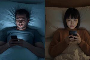 Due amici che chattano a letto